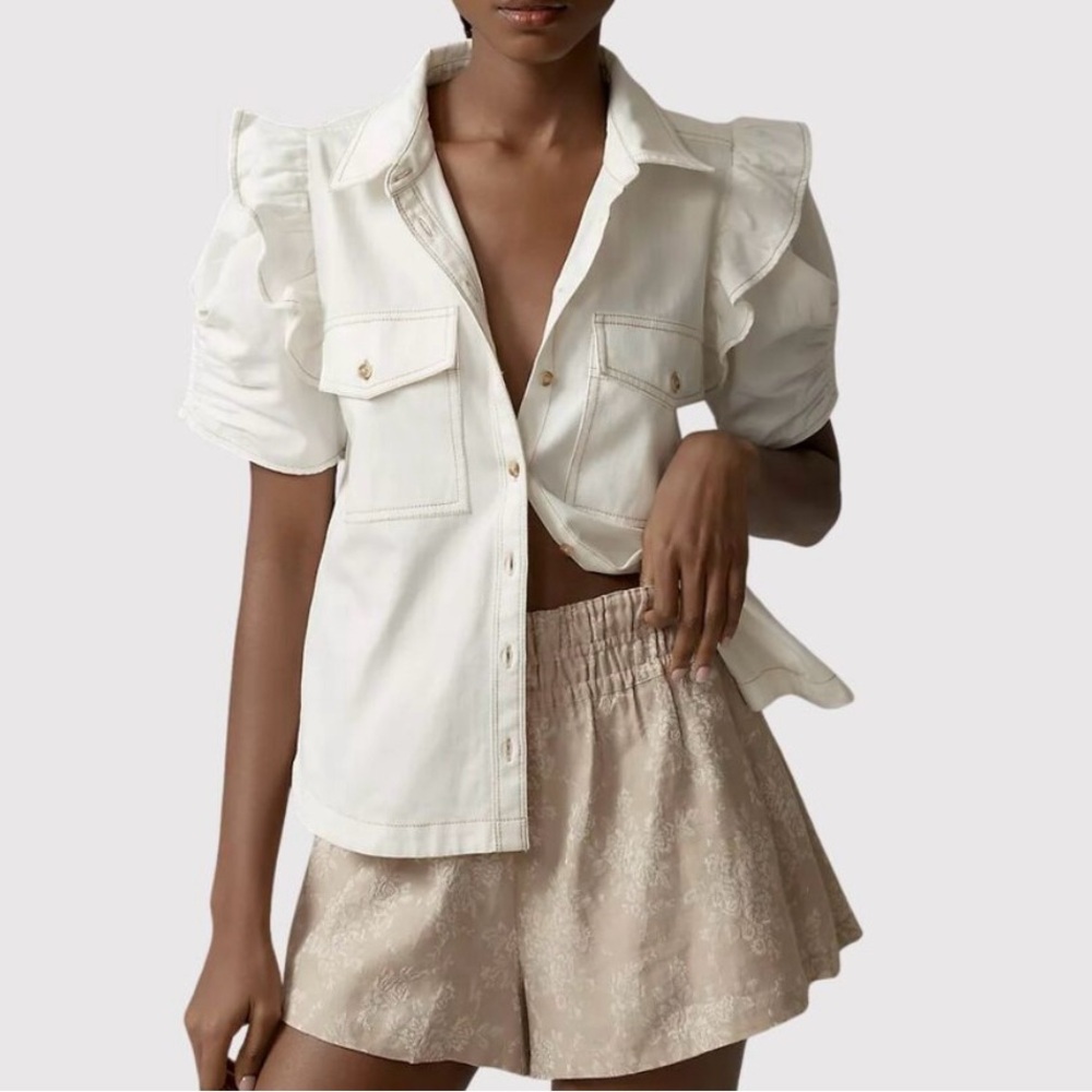 Anthropologie Pilcro Ruffle Sleeve Preppy Coastal Utility Button Down Blouse XS